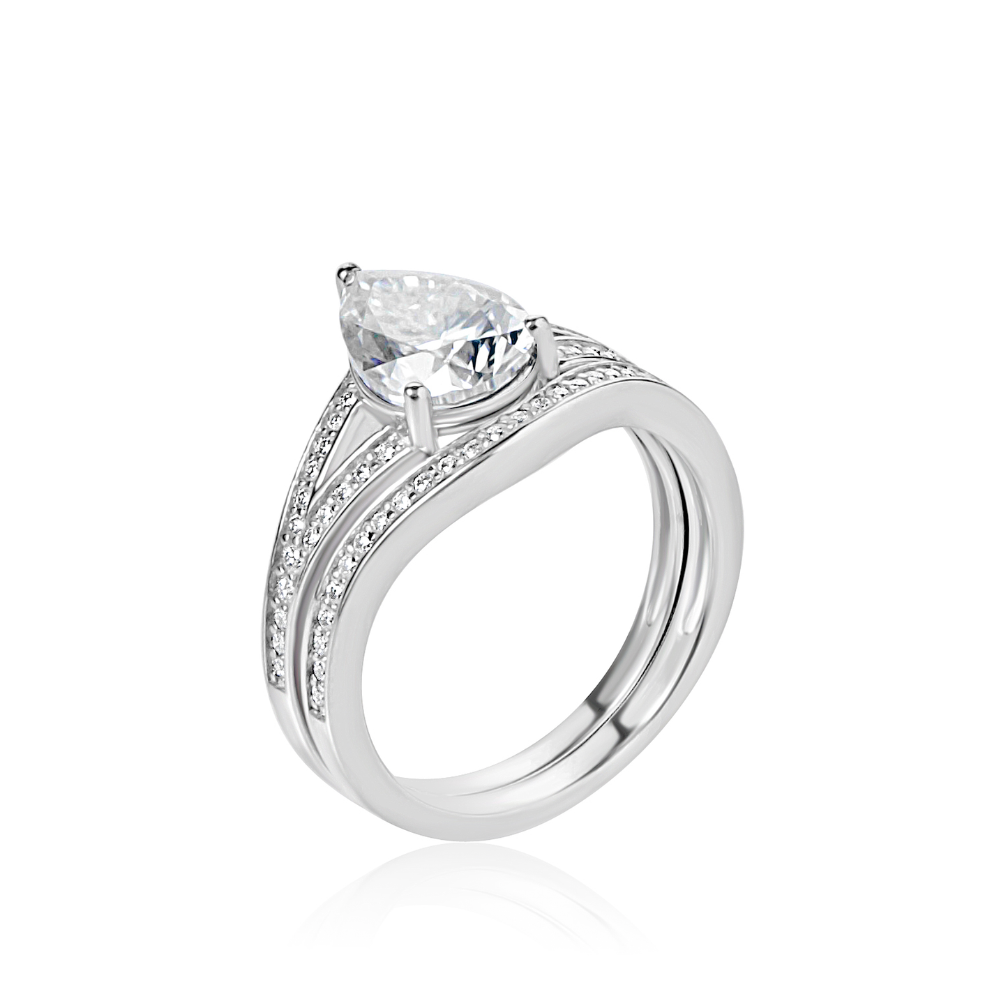 Silver ring with a large diamond and smaller diamonds on the band against a white background