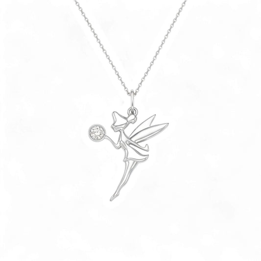 Silver fairy pendant necklace on a white background
