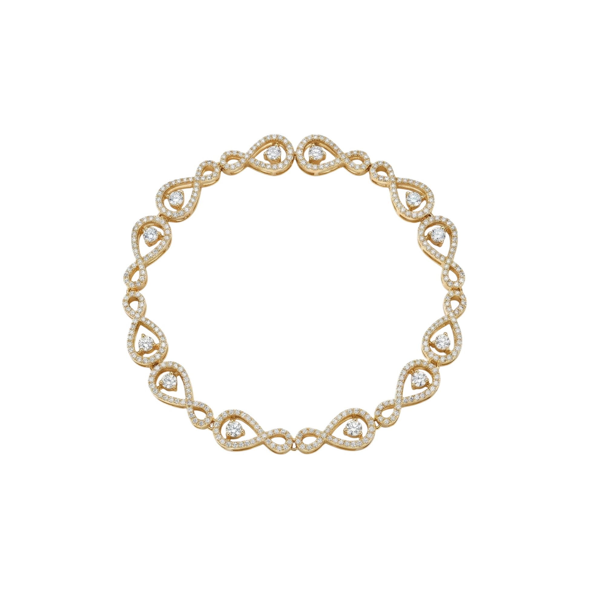 Gold bracelet with heart-shaped gemstones on a white background
