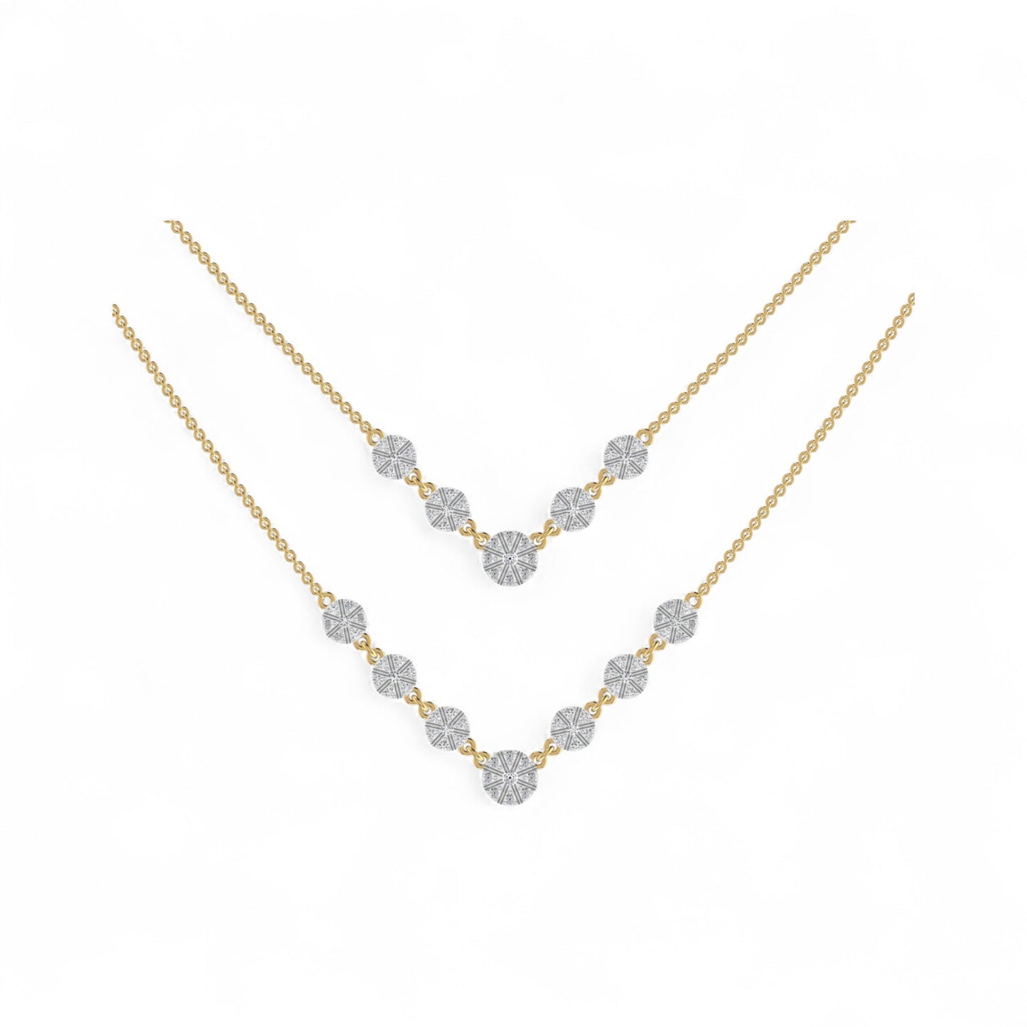 Gold necklace with diamond-like stones on a white background