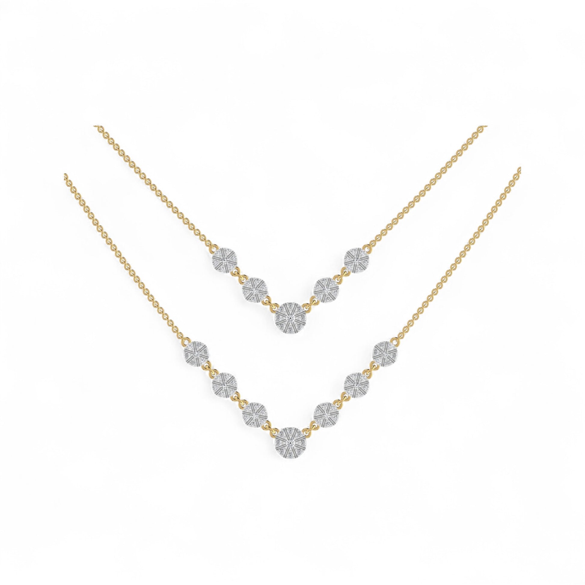 Gold necklace with diamond-like stones on a white background