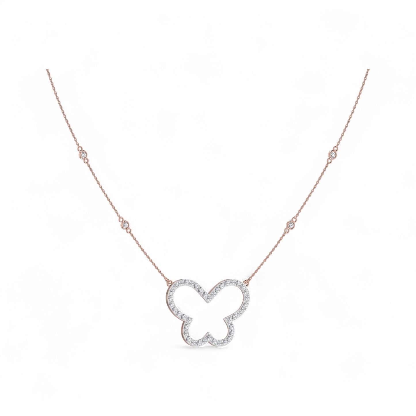 Butterfly-shaped diamond necklace on a white background