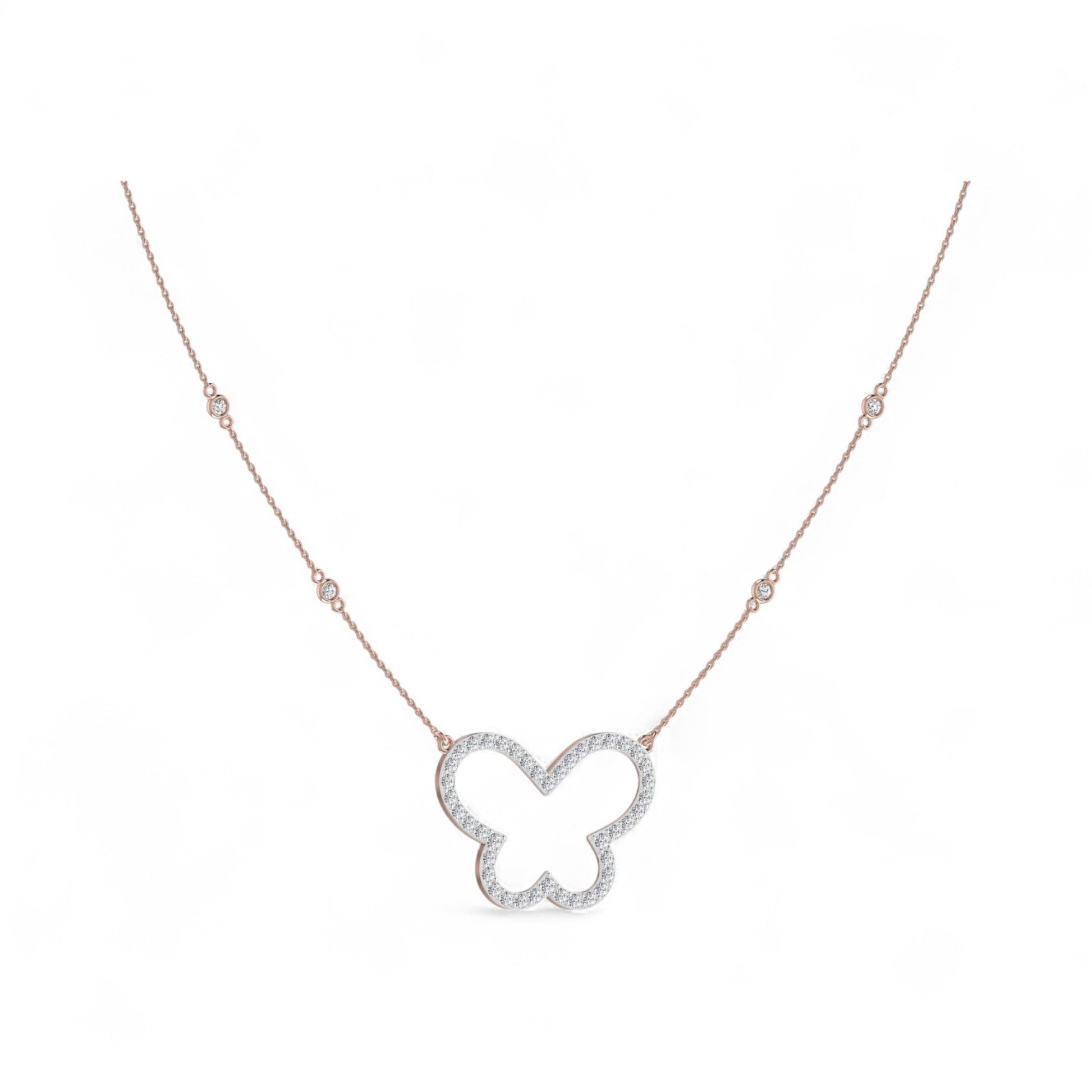 Butterfly-shaped diamond necklace on a white background
