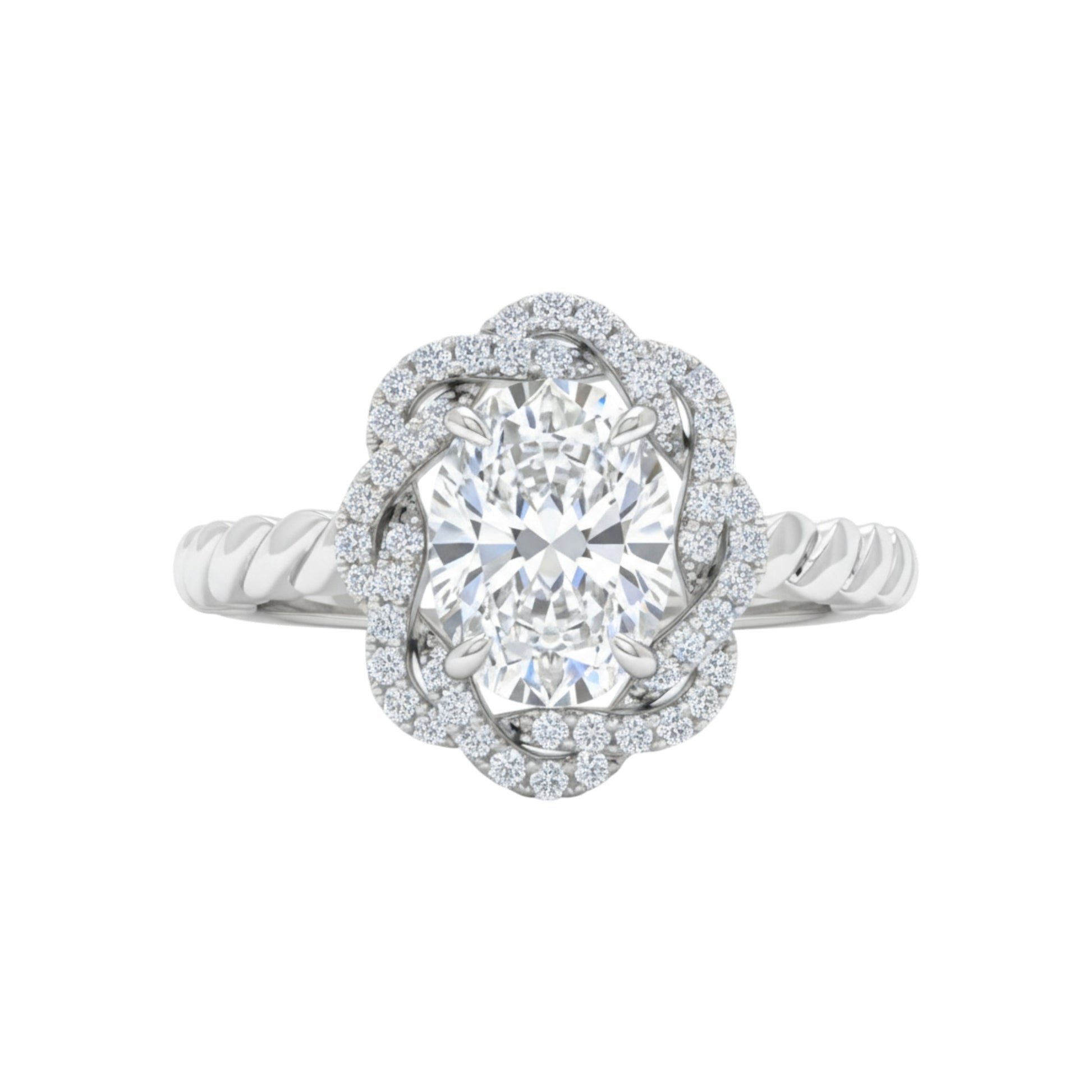 Diamond ring with a floral design on a white background