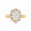 Gold ring with a large diamond and smaller diamonds around on a white background