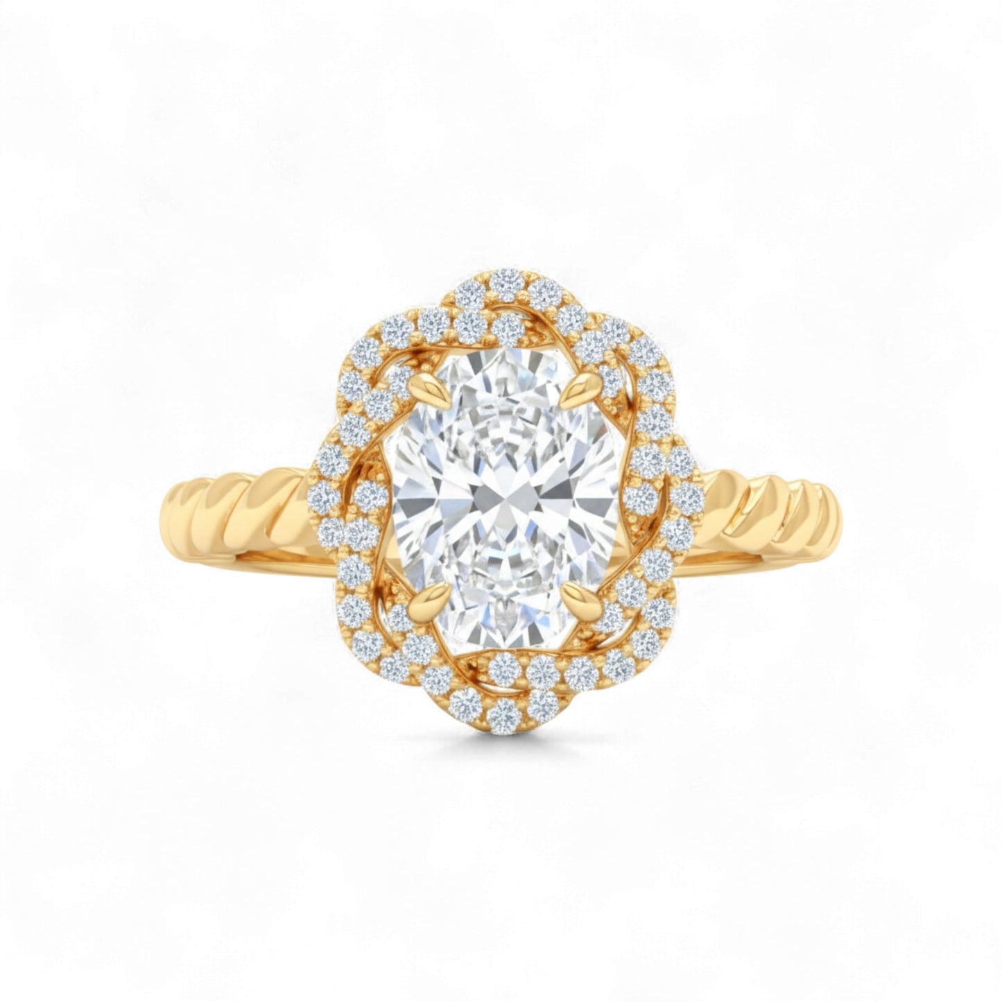Gold ring with a large diamond and smaller diamonds around on a white background