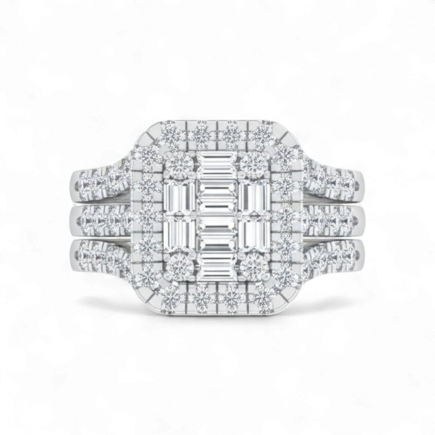 Diamond ring with emerald-cut center stone on a white background