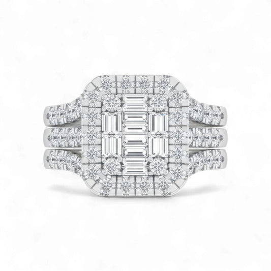 Diamond ring with emerald-cut center stone on a white background