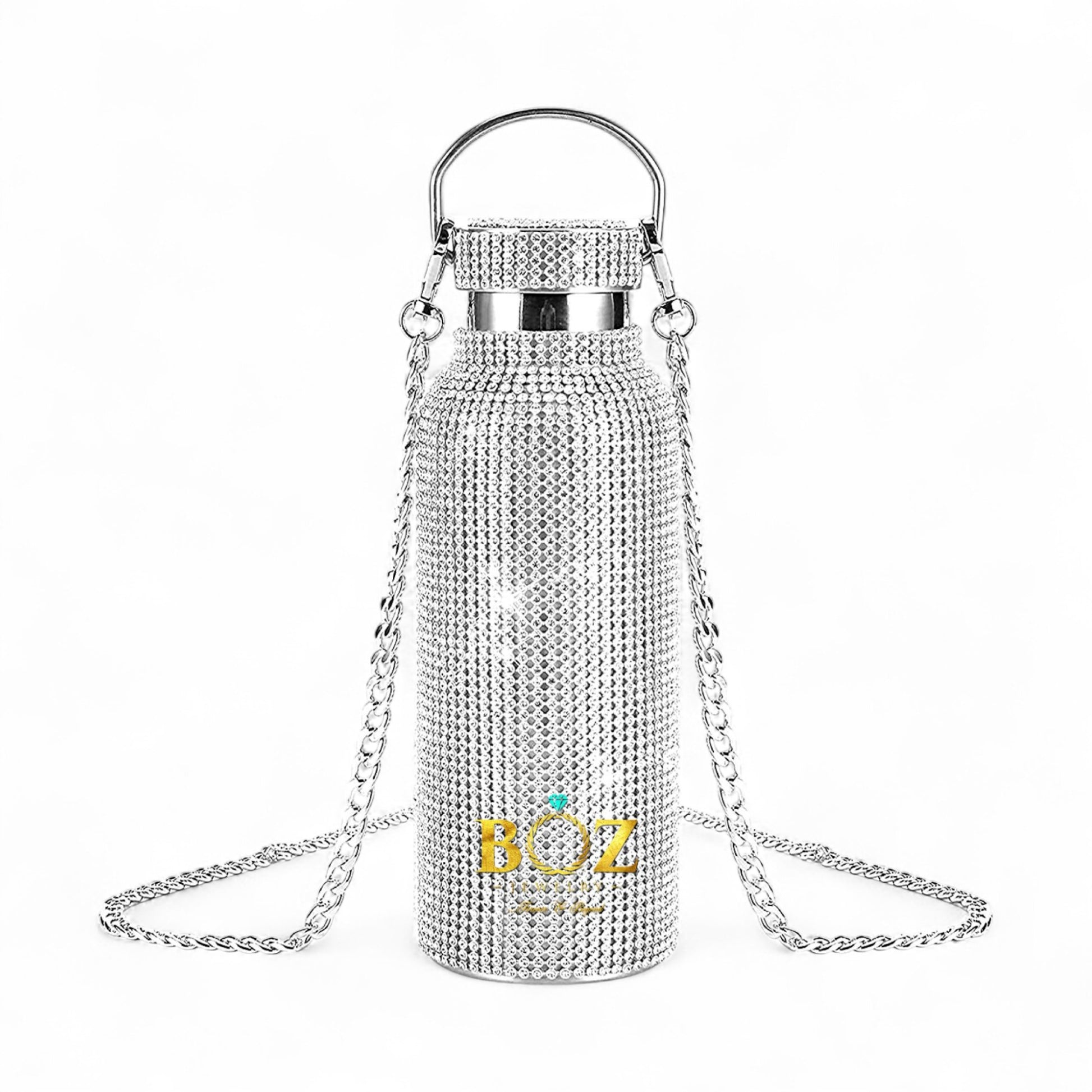 Silver rhinestone handbag with a chain strap on a white background