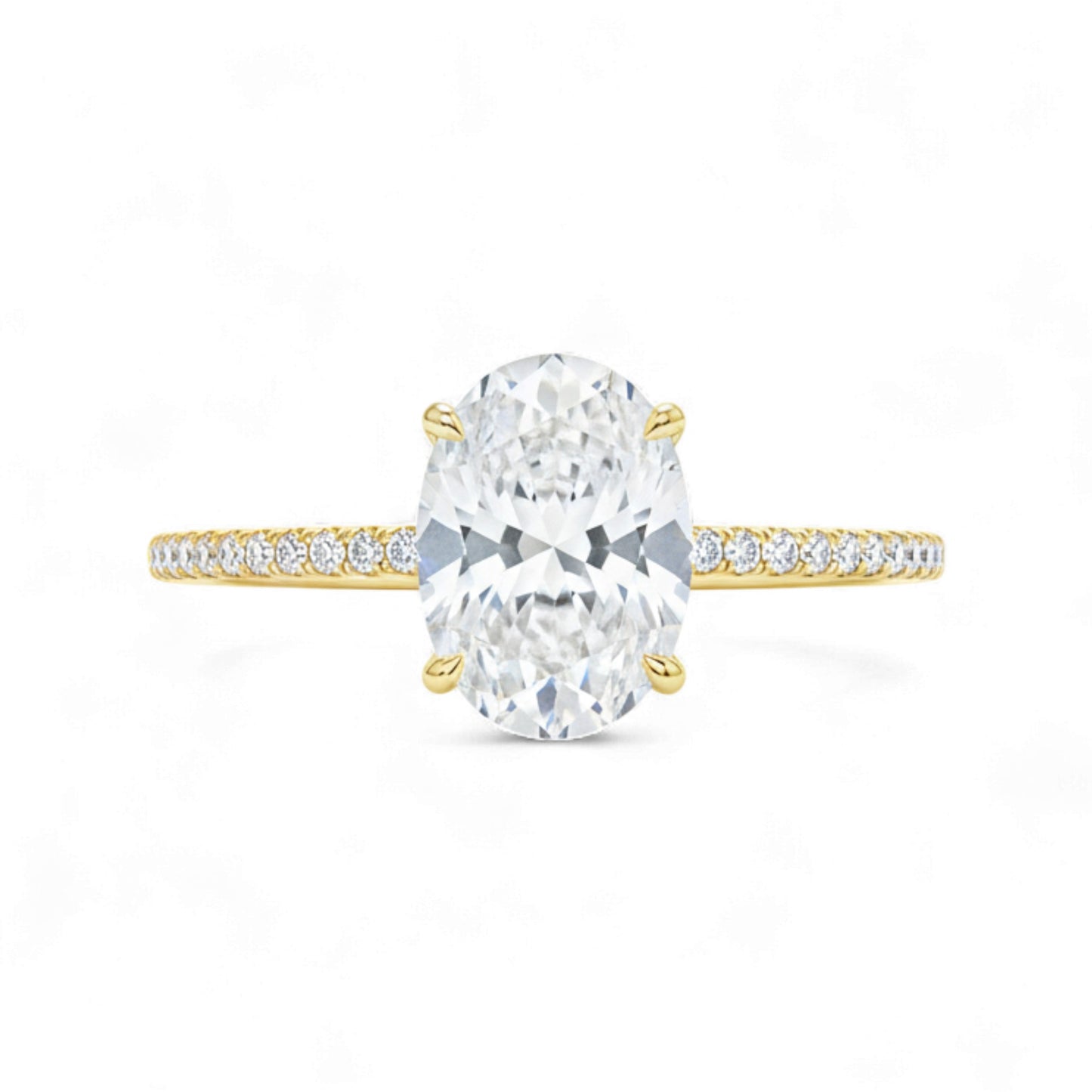 Gold ring with a large central diamond and smaller diamonds on the band against a white background