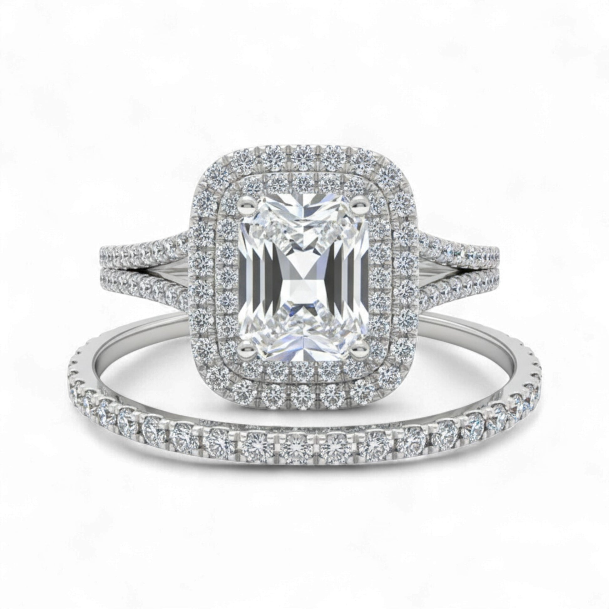 Diamond ring with a central gemstone and smaller diamonds on a white background