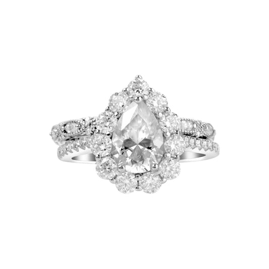 BOZ Lavie Pear Cut Moissanite bride set in 925 sterling silver with pear-shaped center stone and halo of moissanite gems