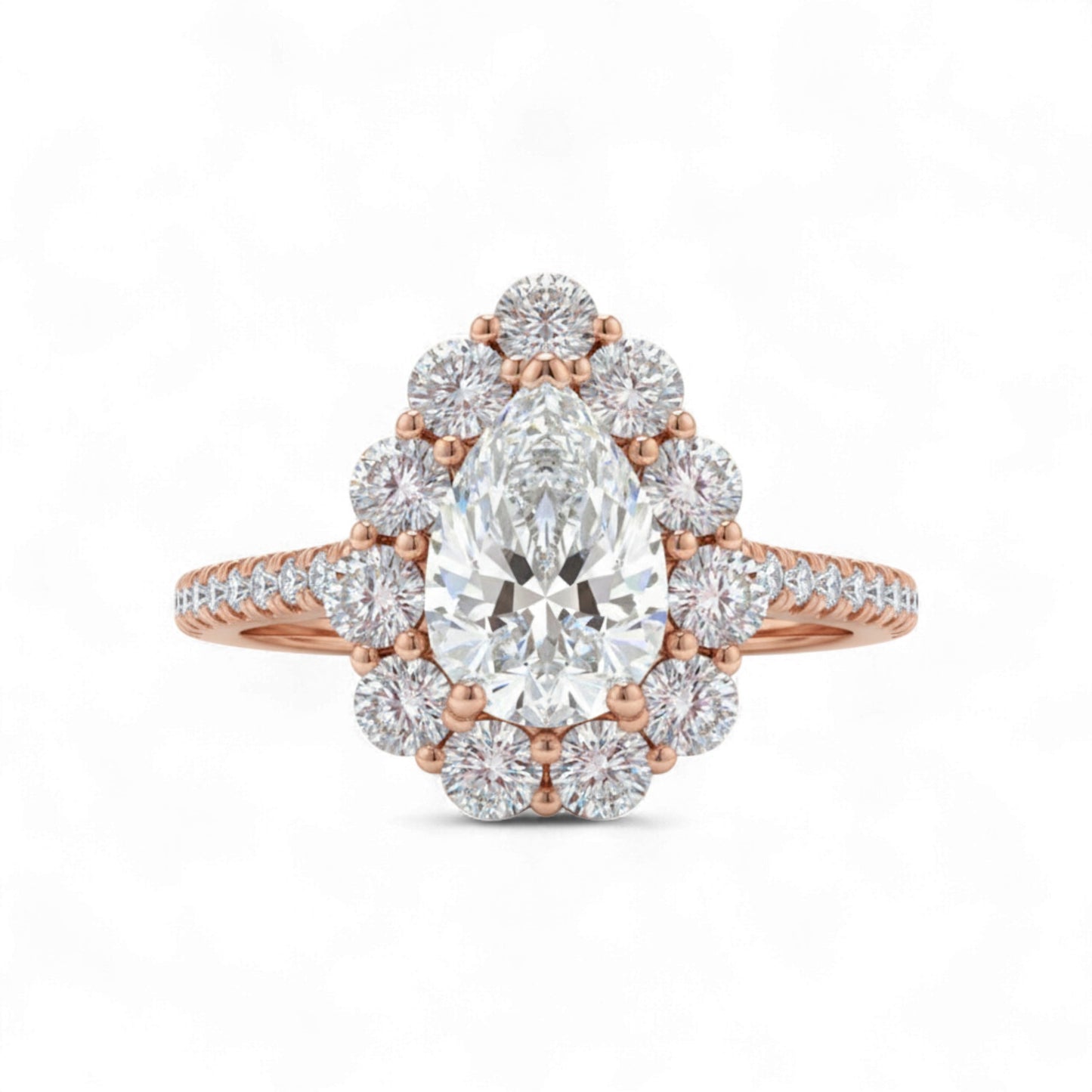 Rose gold ring with a large pear-shaped diamond and smaller diamonds on a white background