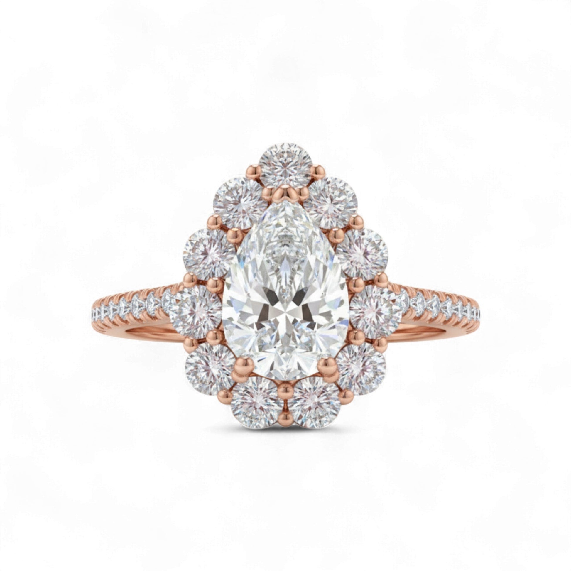 Rose gold ring with a large pear-shaped diamond and smaller diamonds on a white background