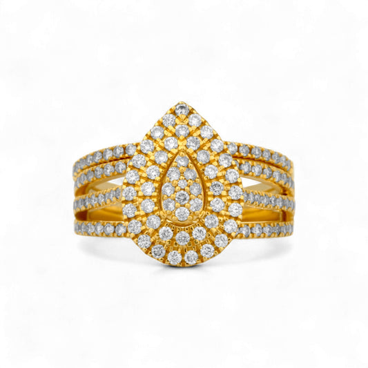 Gold ring with diamond accents on a white background