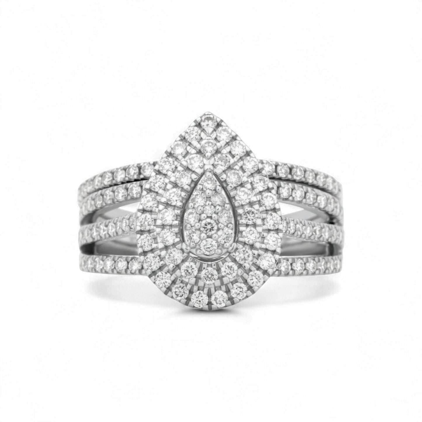 Diamond ring with a teardrop design on a white background