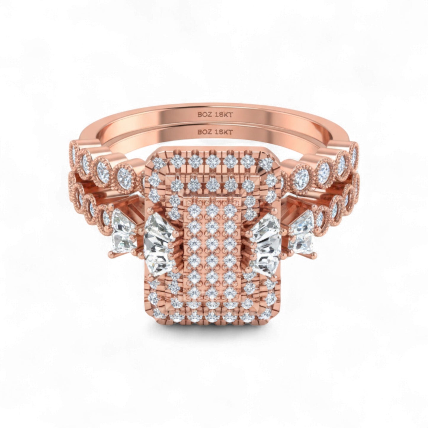Rose gold ring with diamonds on a white background