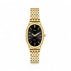 Gold watch with black face on a white background