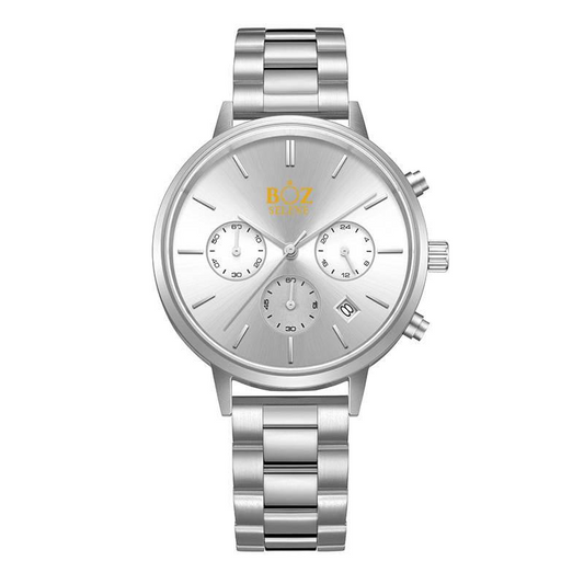 A silver stainless steel BOZ Selene wristwatch with a Japanese quartz movement, 5ATM water resistant.