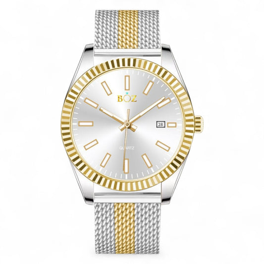 Watch with silver and gold mesh band on a white background