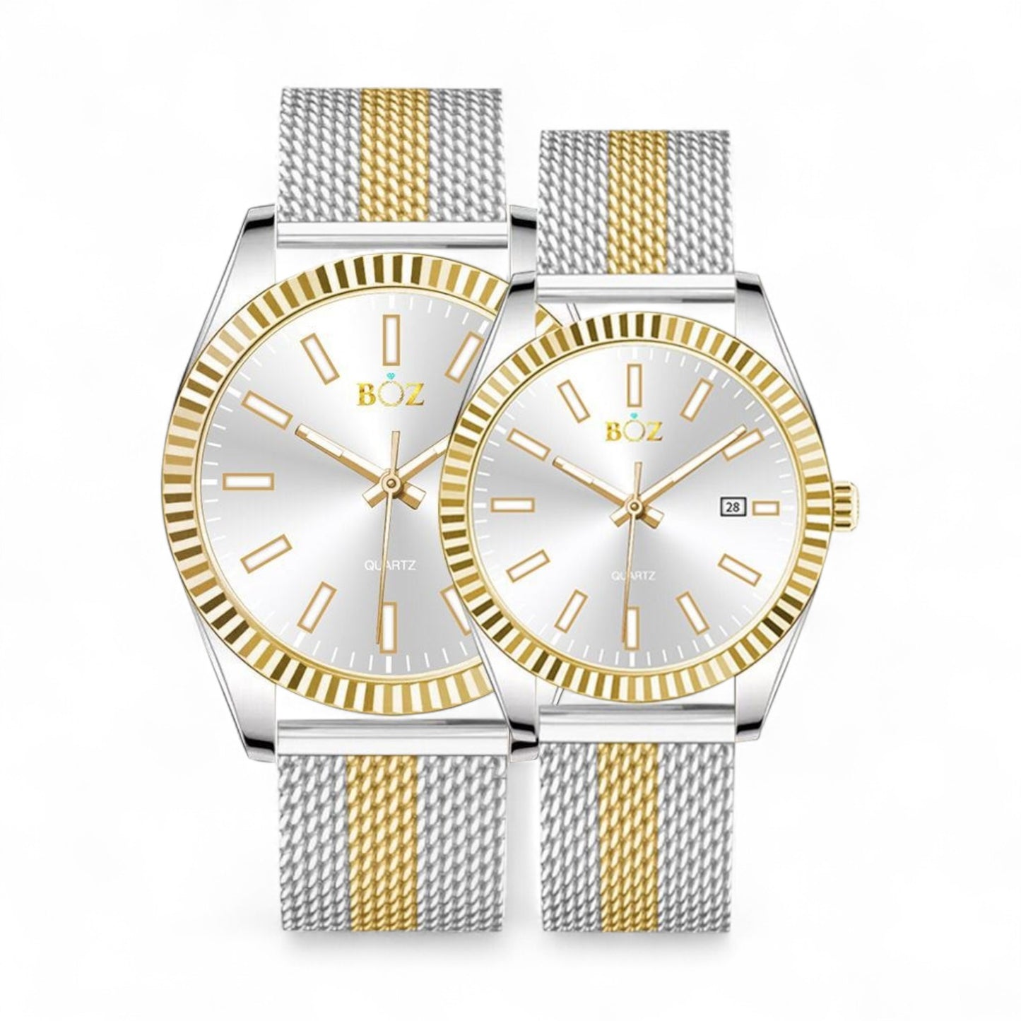 Two watches with silver and gold mesh bands on a white background
