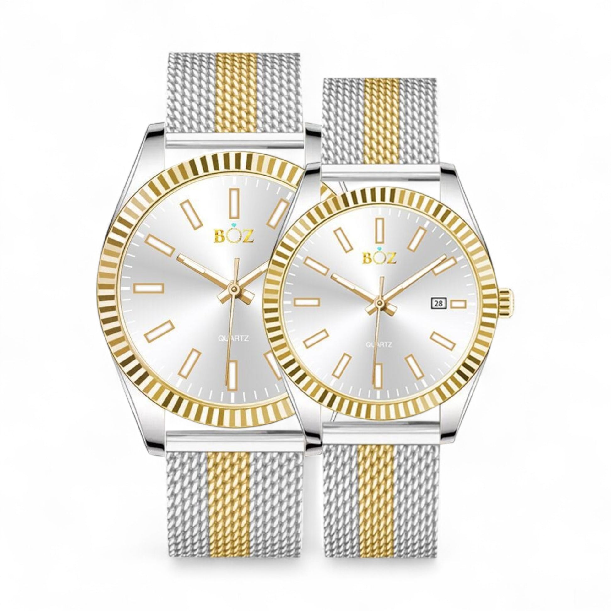 Two watches with silver and gold mesh bands on a white background