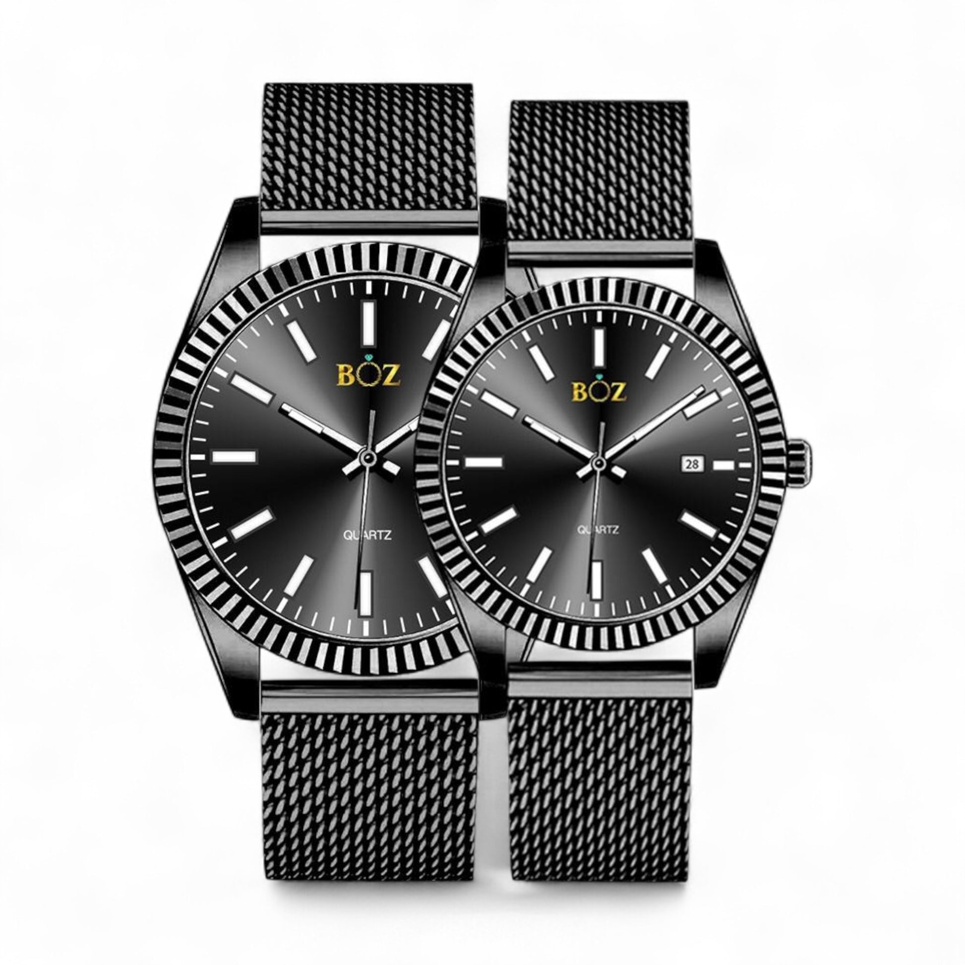 Two black watches with mesh bands on a white background, featuring the brand 'BOZ'.