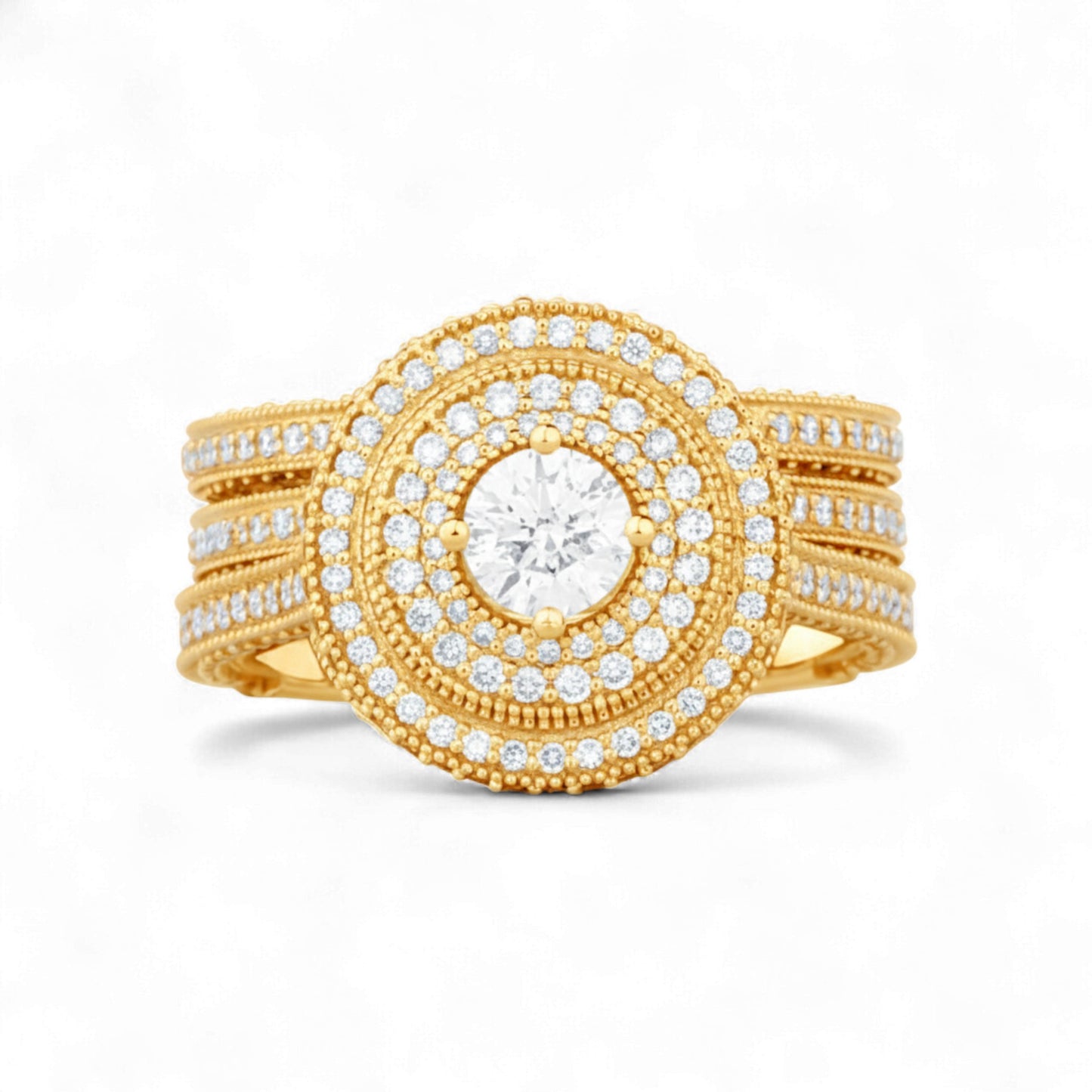 Gold ring with diamond accents on a white background