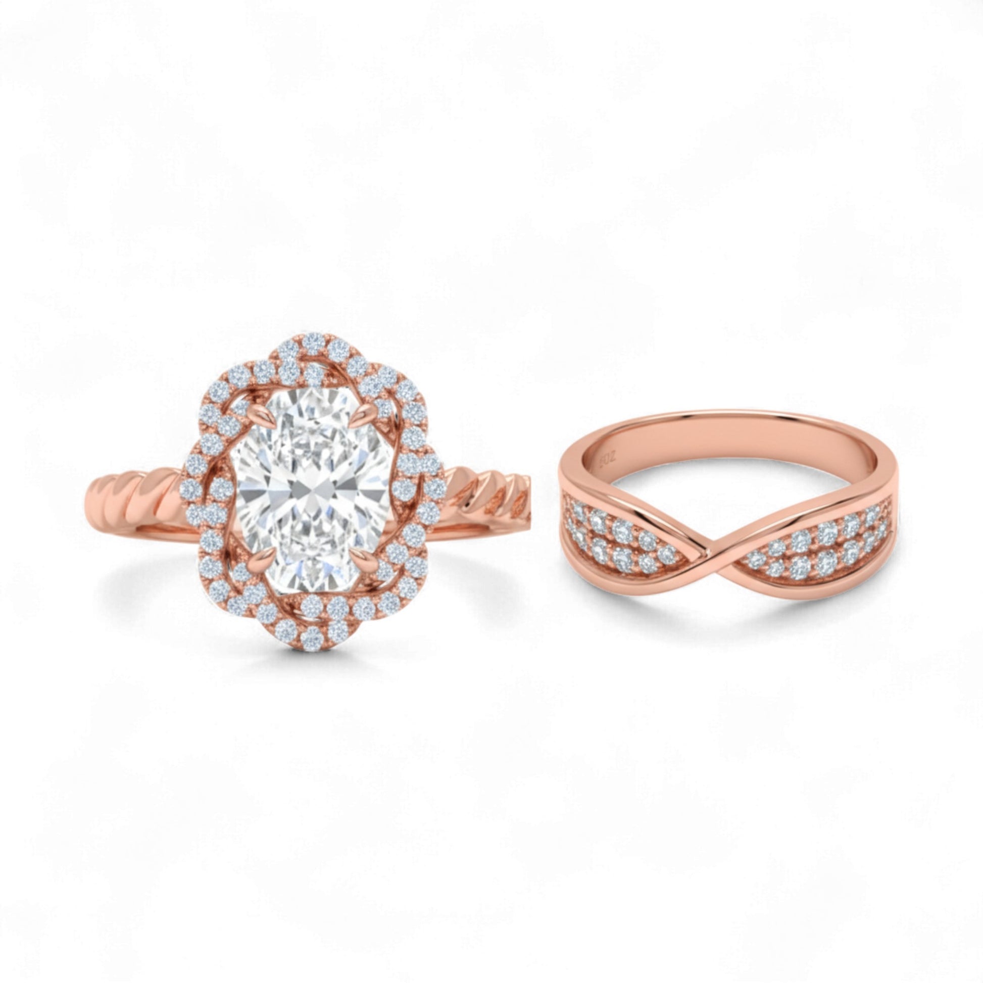 Rose gold ring with a large diamond and another ring with a twisted design on a white background