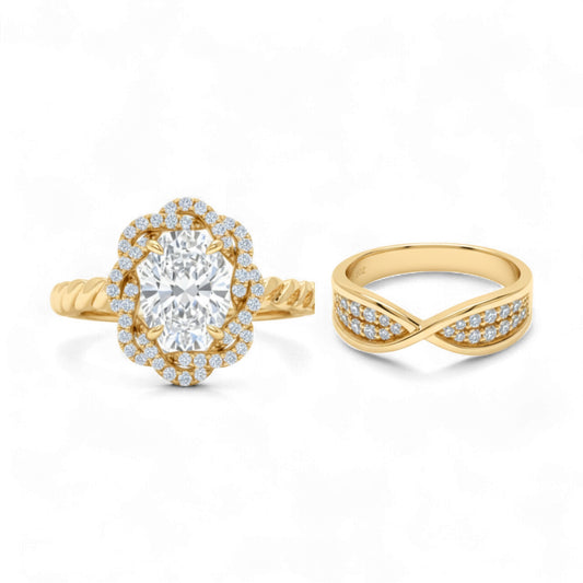 Two gold rings with diamond accents on a white background