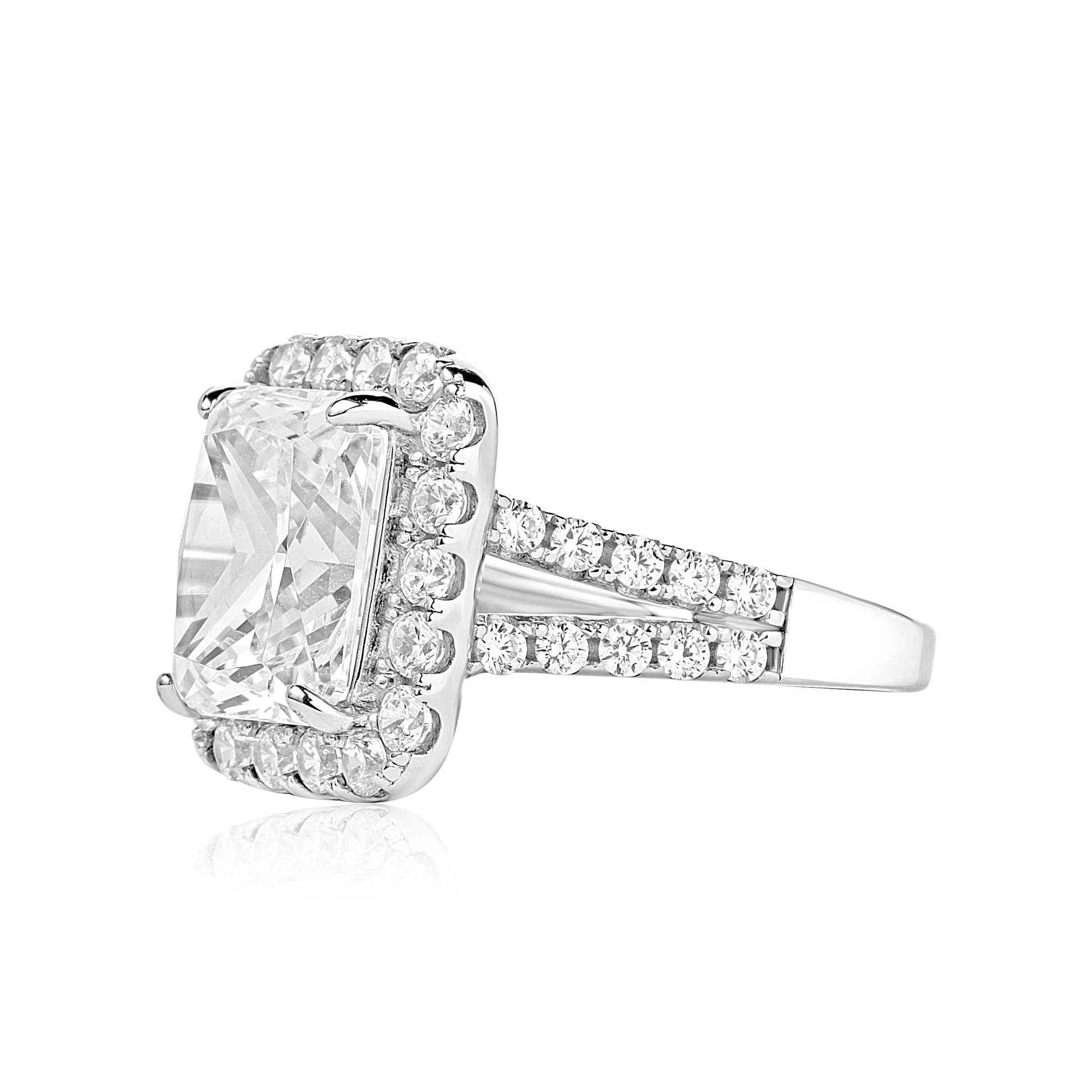 Diamond ring with a large central gemstone and smaller diamonds on a white background