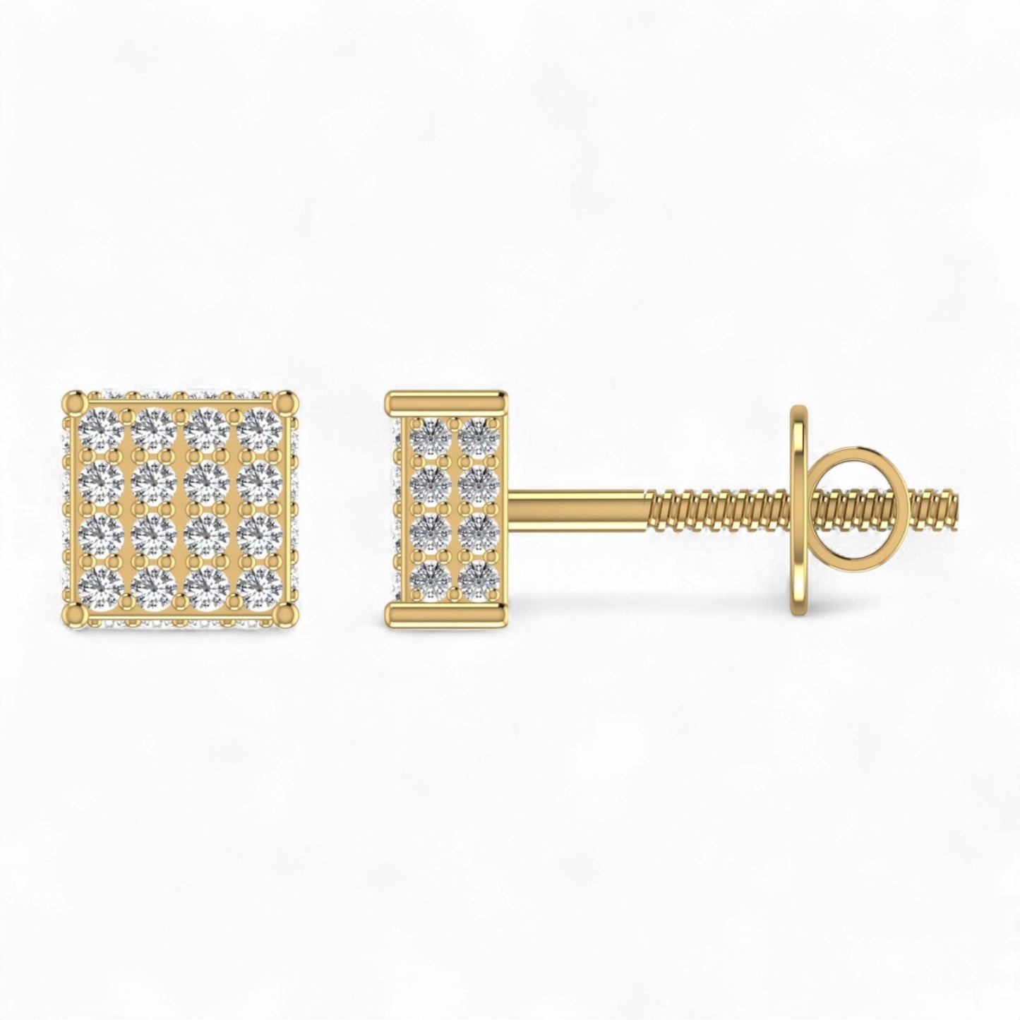 Gold square stud earrings with clear gemstones on a white background