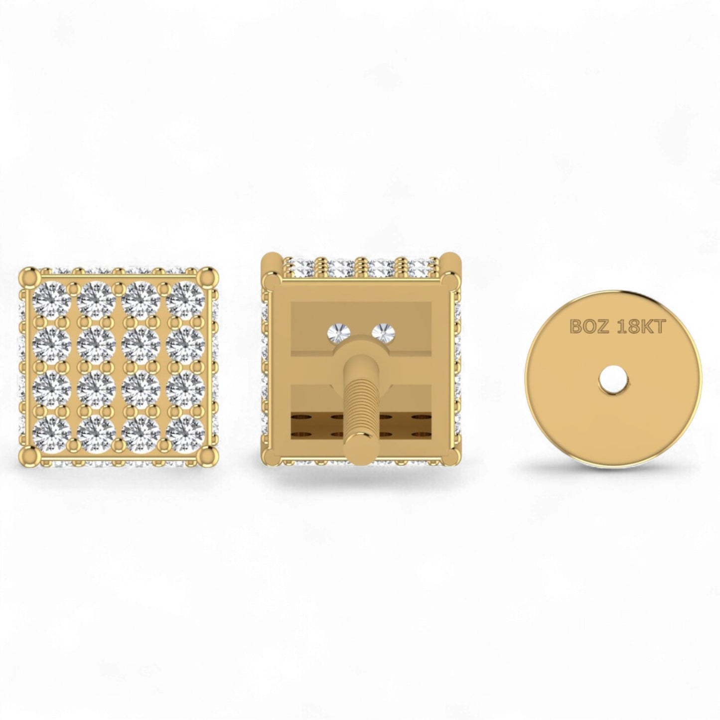 Gold earrings with diamond accents and a gold tag displaying 'BOZ 18KT' on a white background.