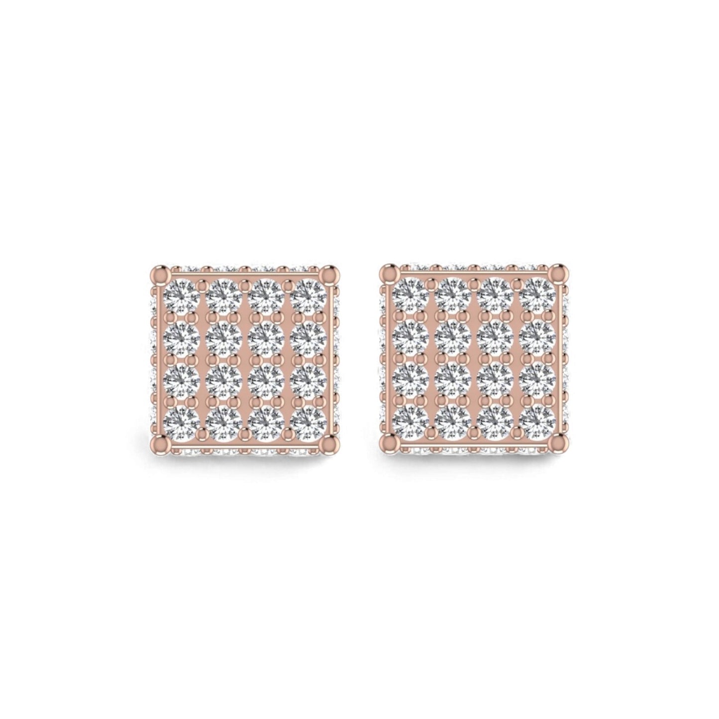 Square-shaped earrings with rose gold frame and clear gemstones on a white background
