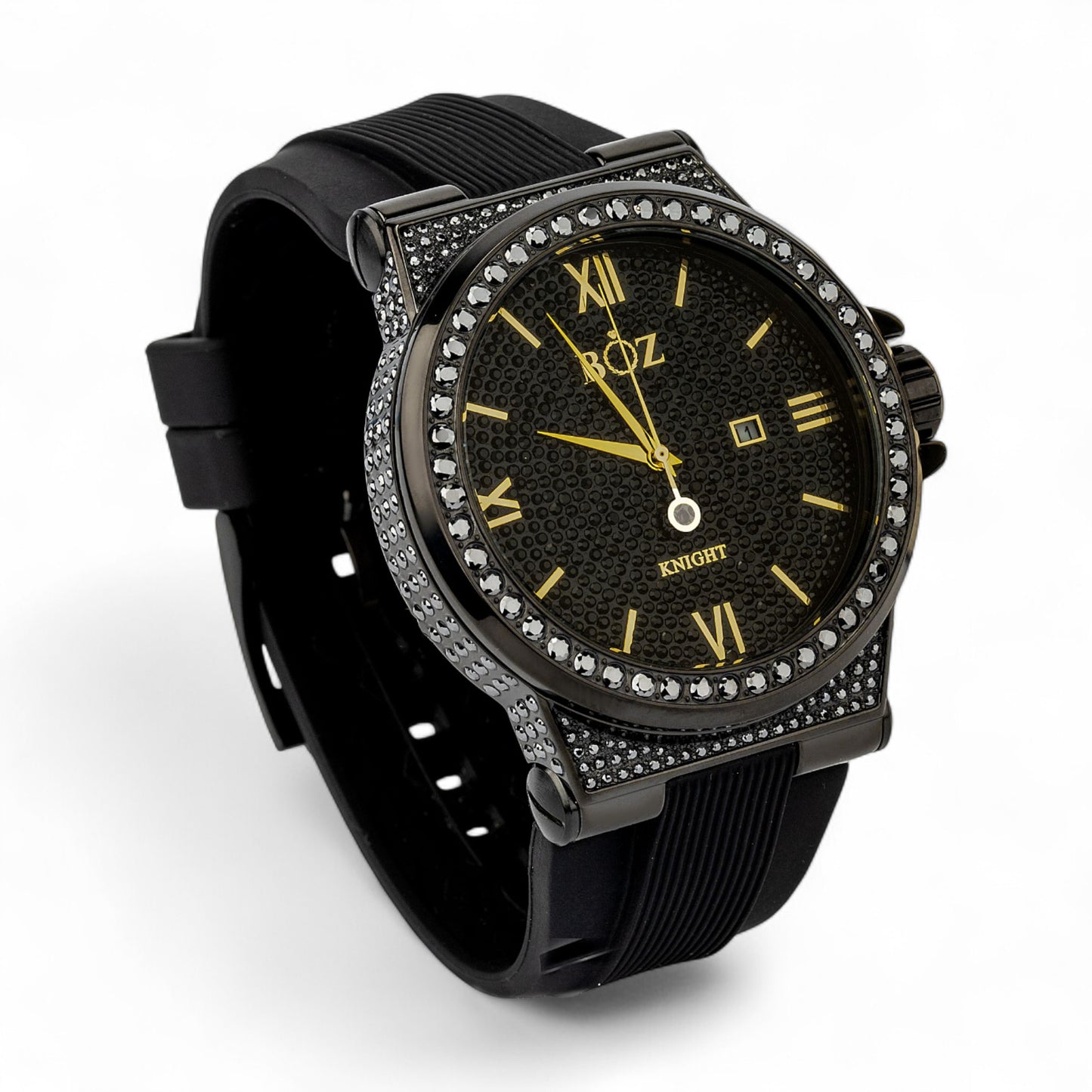 Black watch with diamond-studded bezel on a white background
