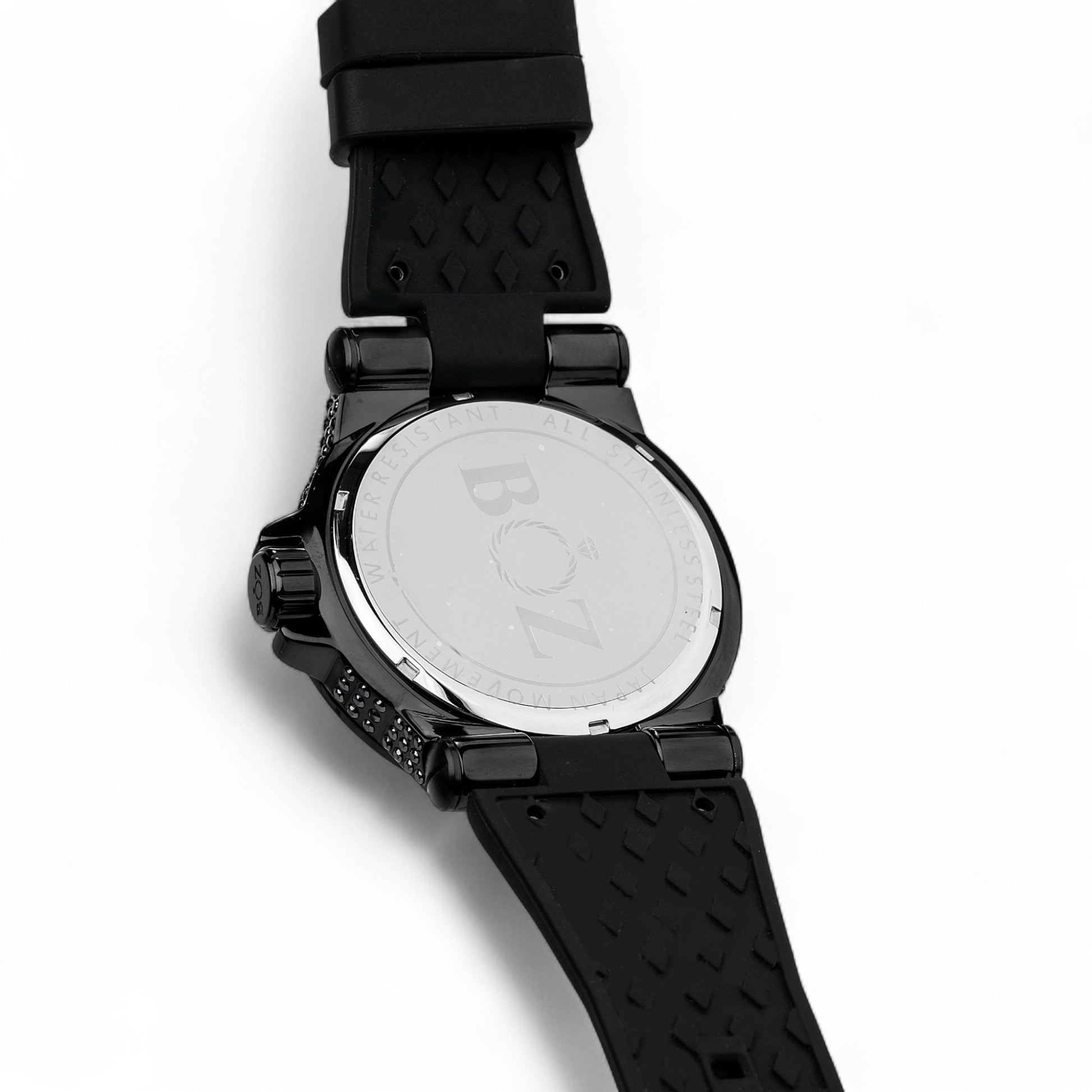 Black watch with a detailed case on a white background