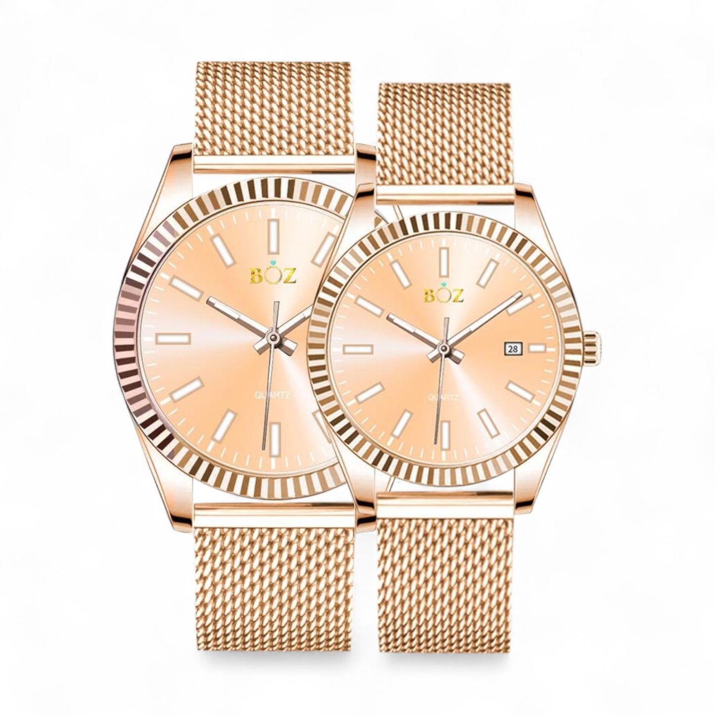 Rose gold watch set with mesh bands on a white background