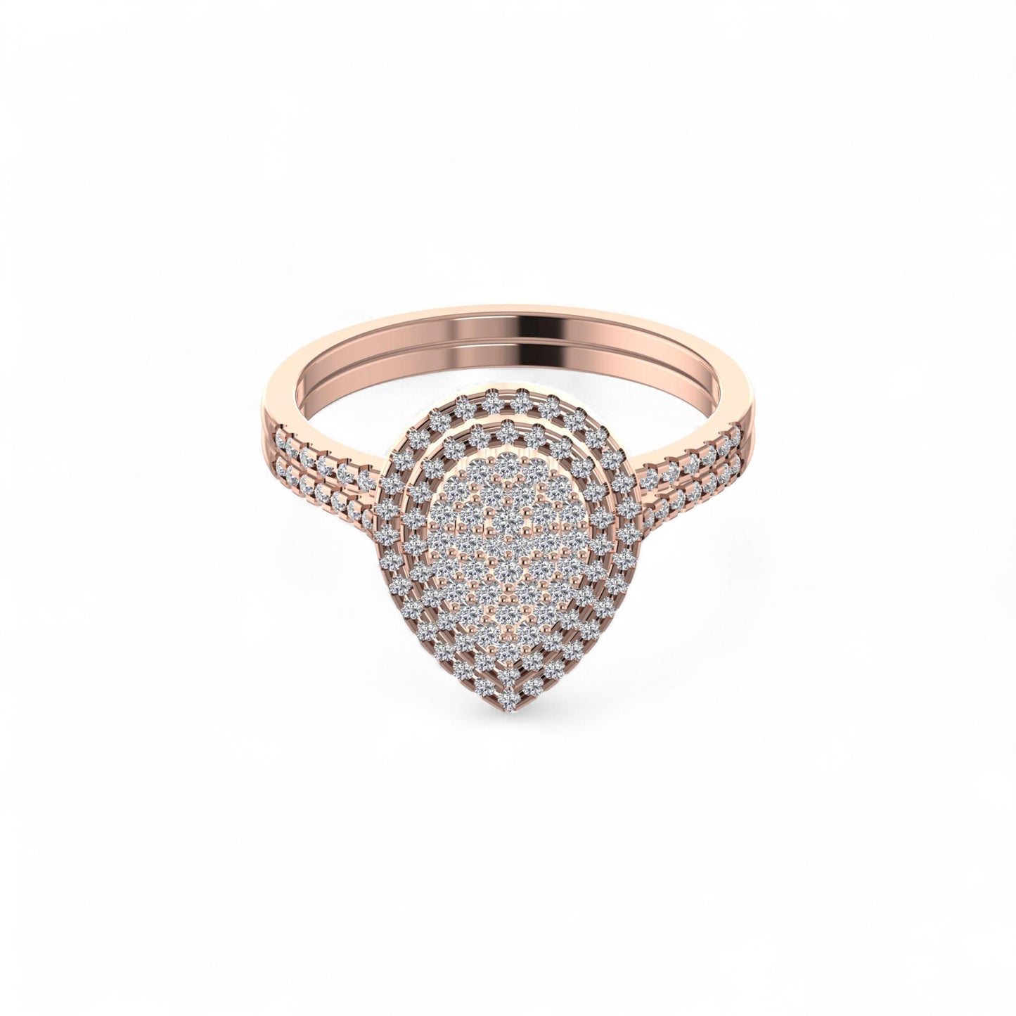 Rose gold ring with diamond accents on a white background
