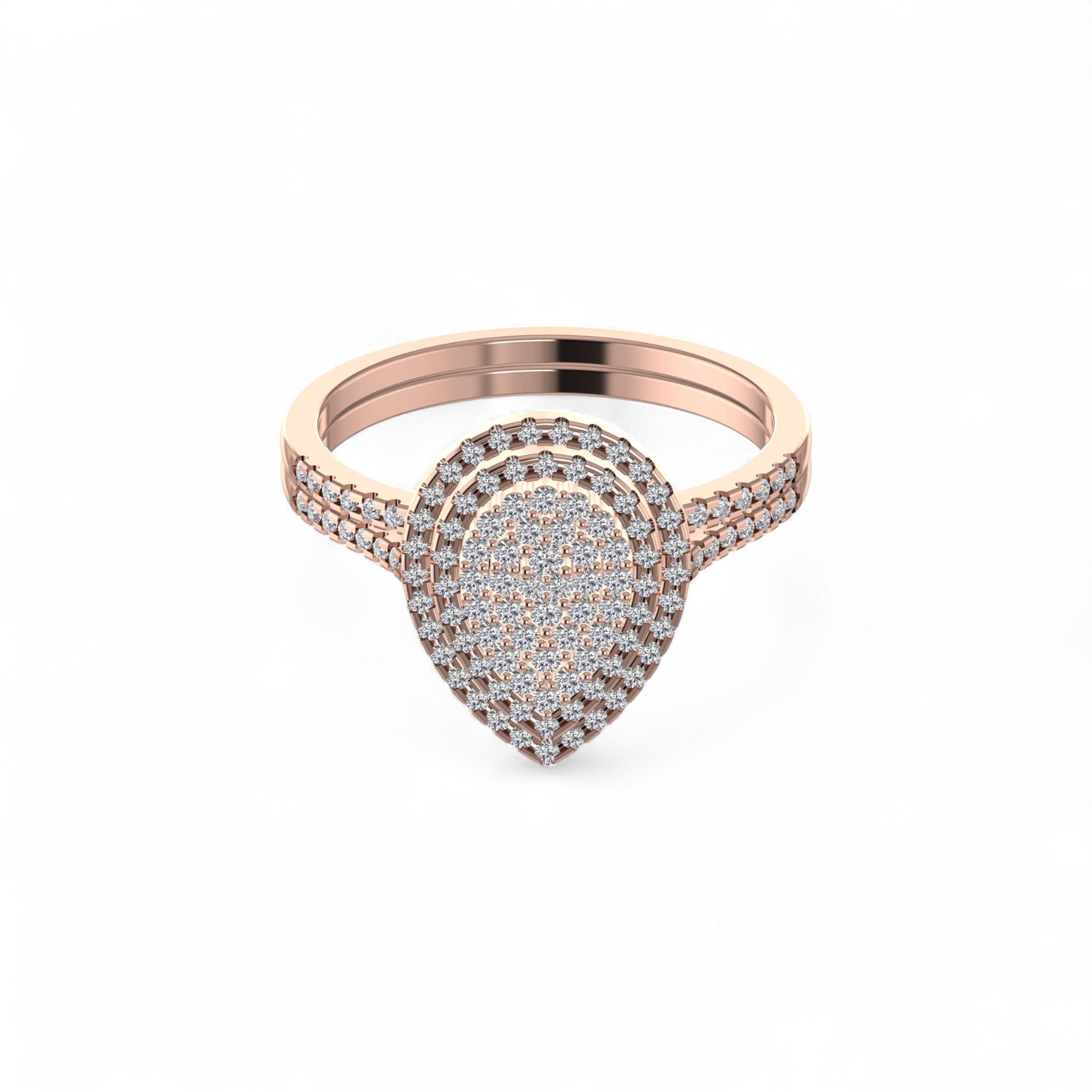 Rose gold ring with diamond accents on a white background