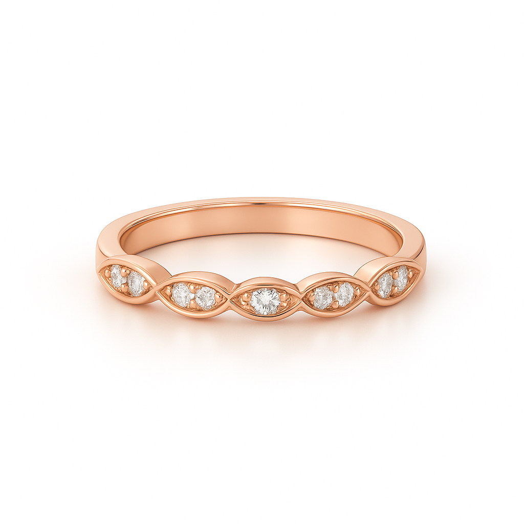 Rose gold ring with diamonds on a white background