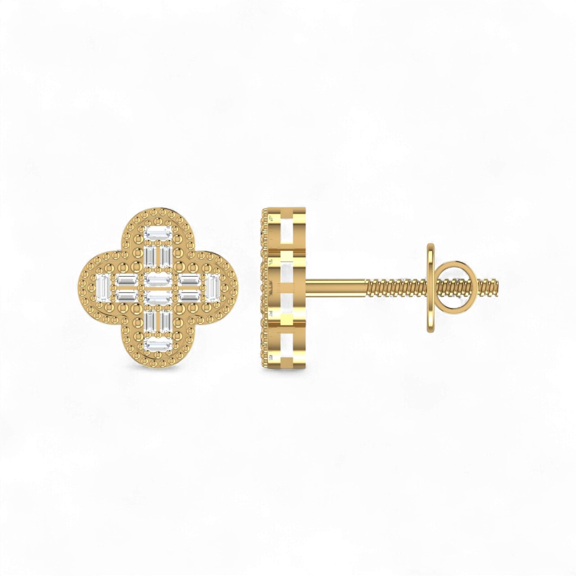 Gold earrings with diamond accents on a white background