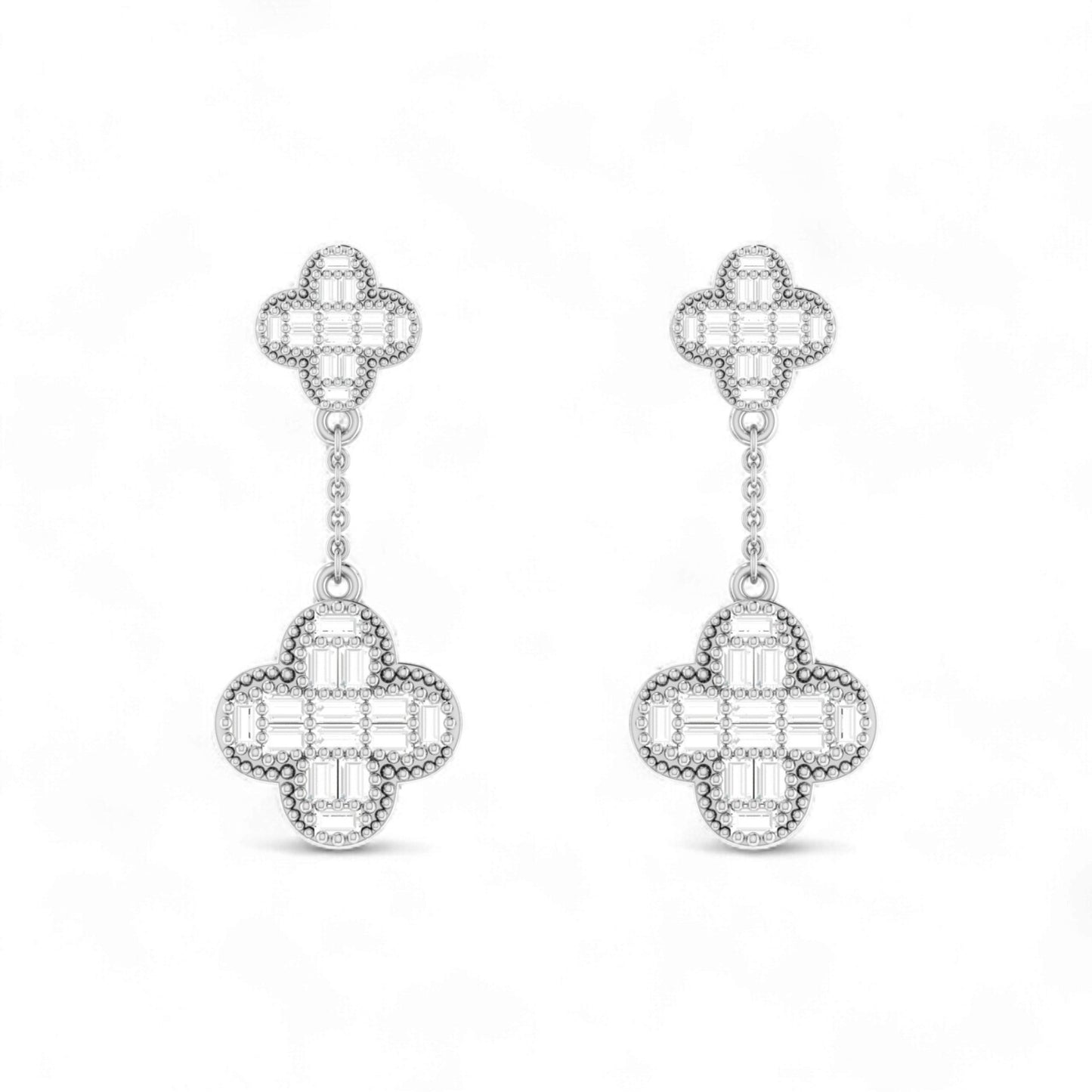Pair of silver earrings with clover-shaped designs on a white background