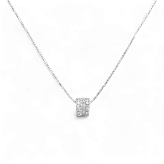 Silver necklace with a square pendant on a white background