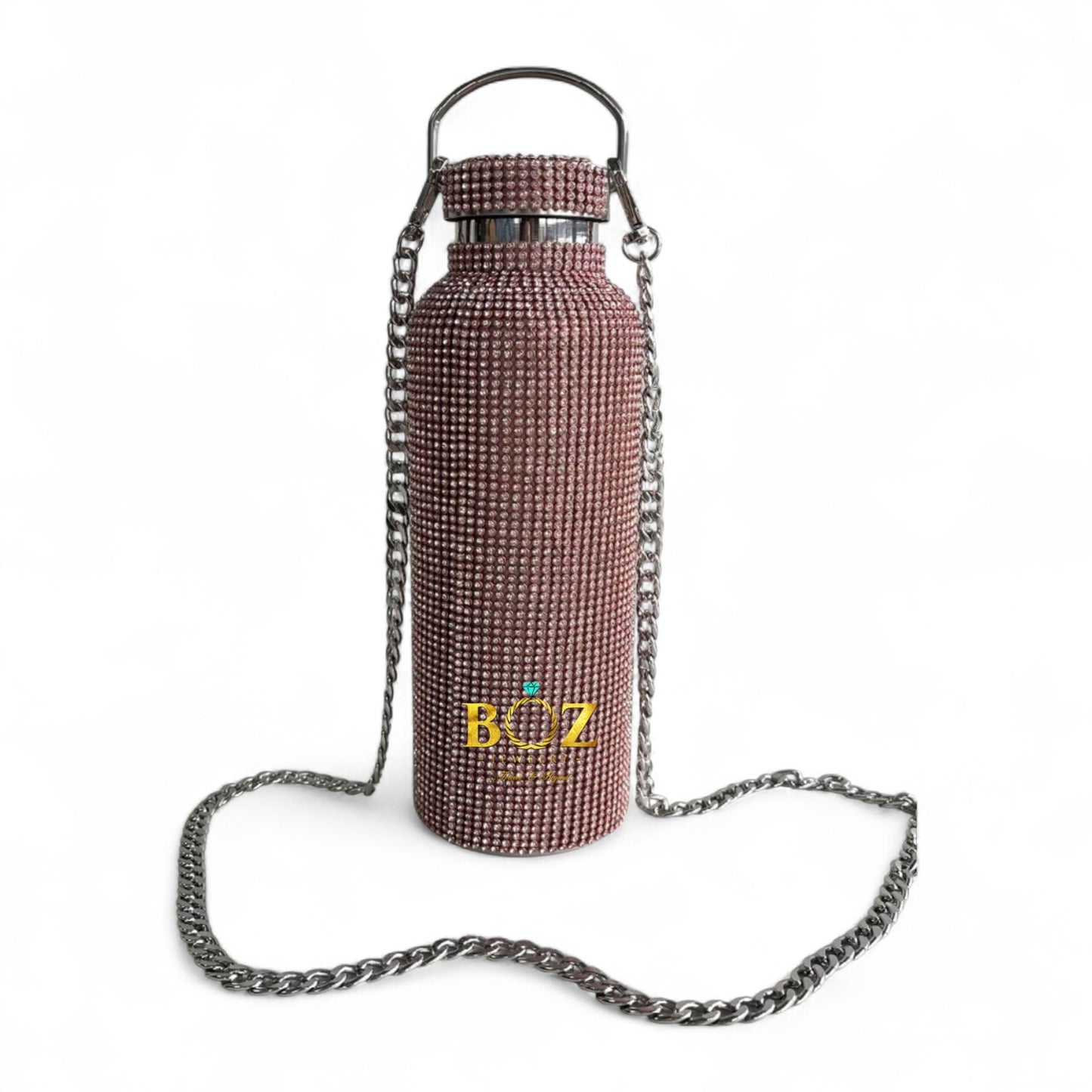 Decorative water bottle with chain and 'BOZ' branding on a white background