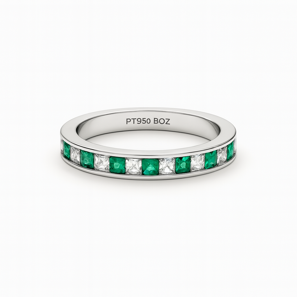 Green Emerald & Diamond Platinum Band