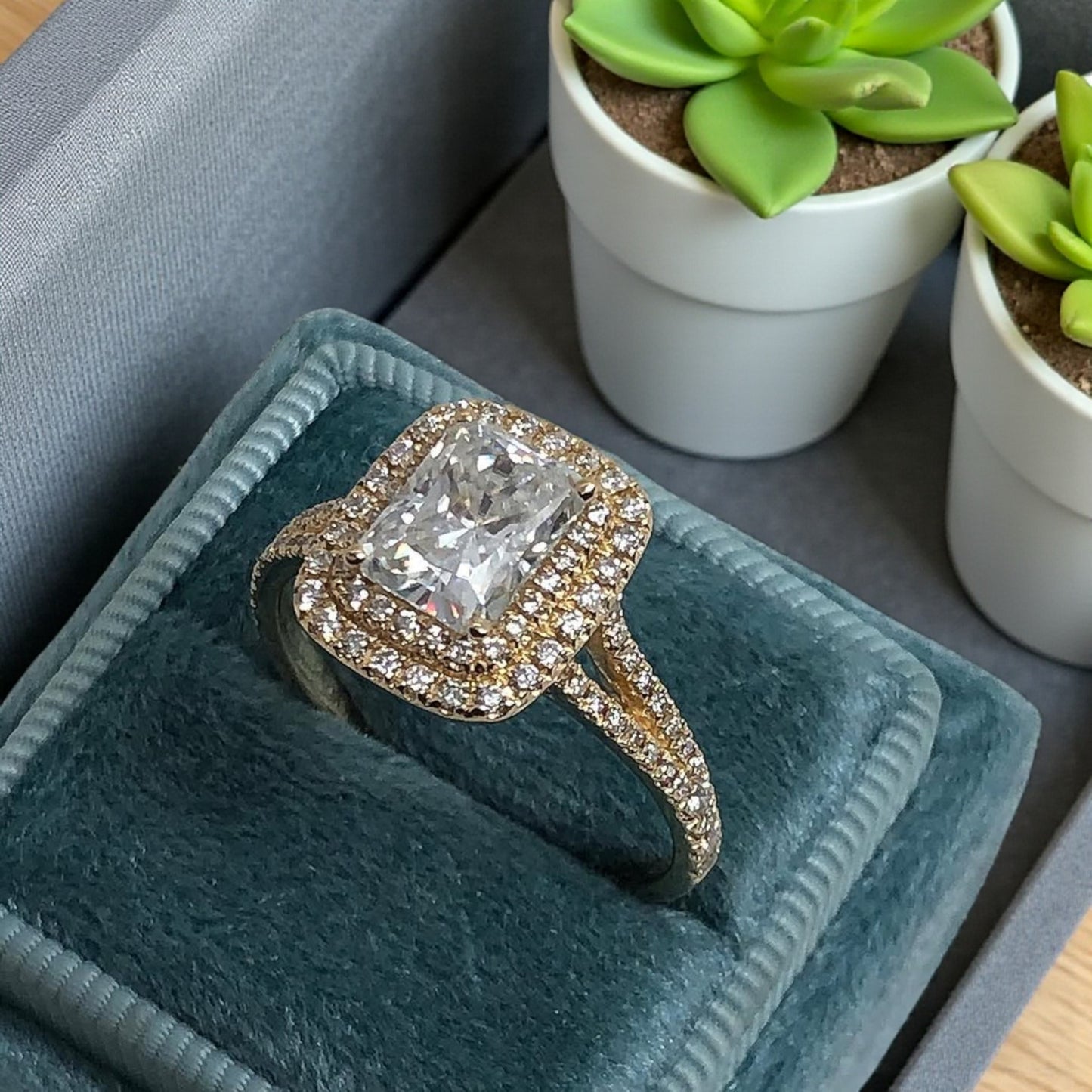 Classic Double Halo Moissanite and Diamond Engagement Ring in 18KT Gold