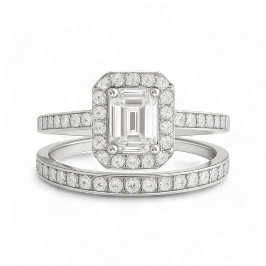 Classic Radiant Cut Moissanite and Natural Diamond Bride Set in 18K Gold