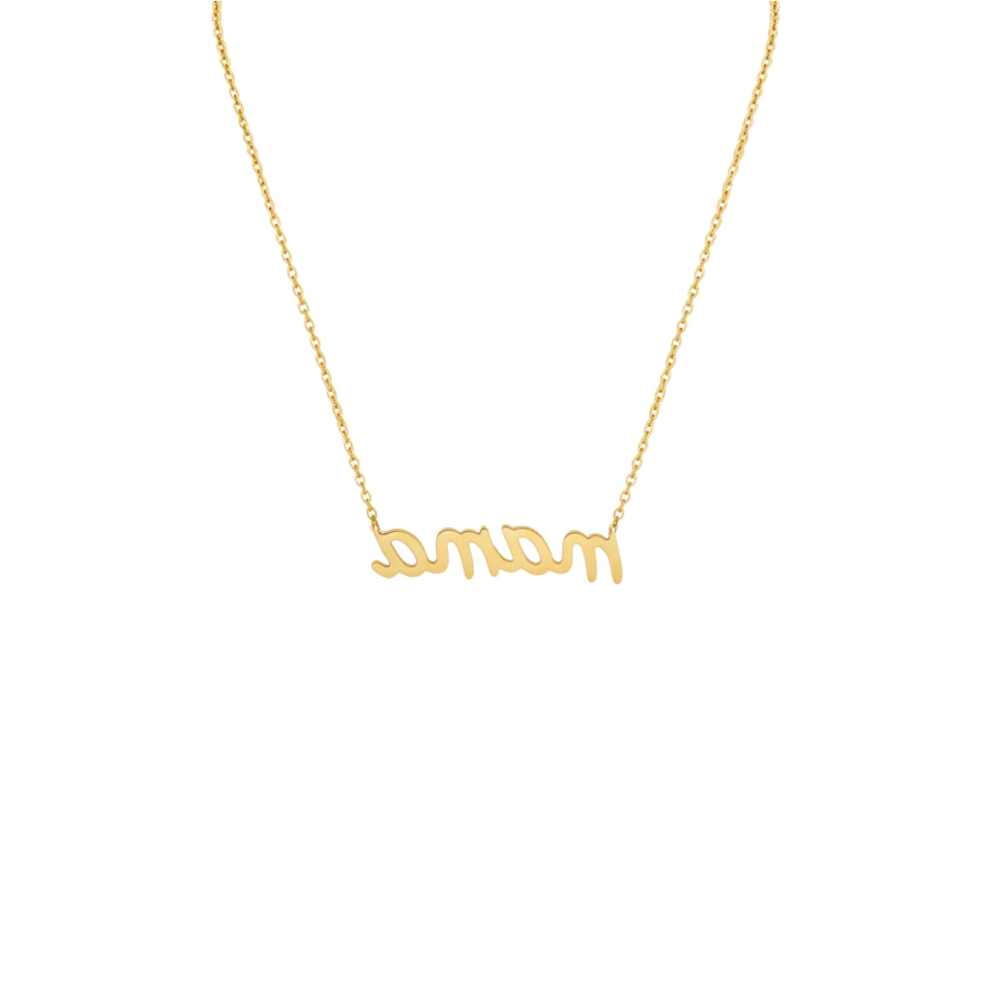 Gold necklace with 'mom' pendant on a white background
