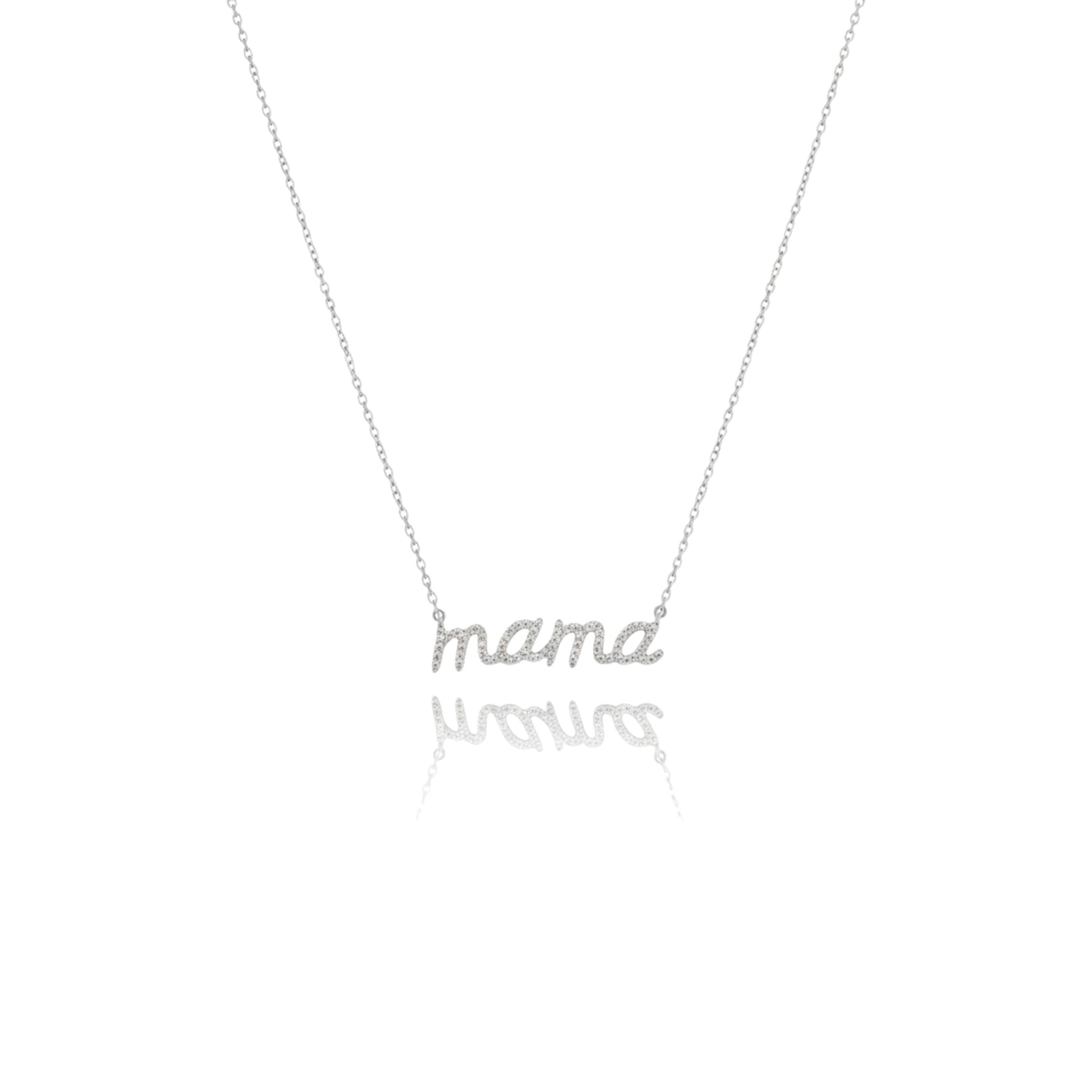 Necklace with 'mama' and 'babe' charms on a white background