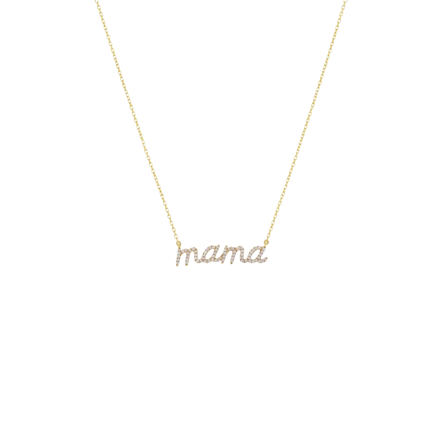 Gold necklace with 'mama' pendant on a white background